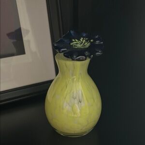 Yellow and Blue Glass Vase with Flower Accent